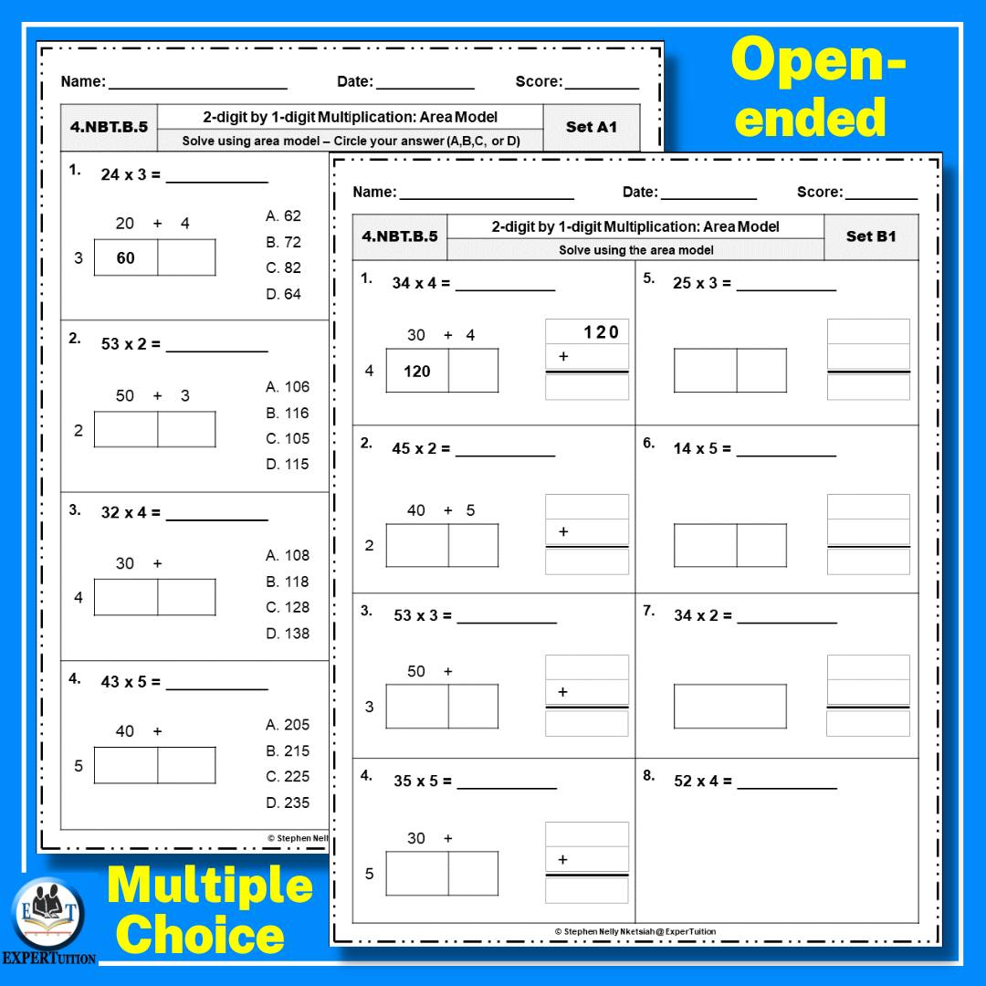 2 Digit By 1 Digit Area Model Multiplication Worksheets Made By 