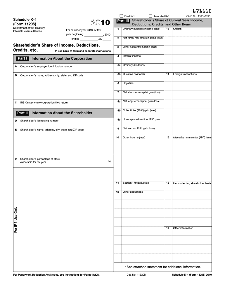2010 Form IRS 1120S Schedule K 1 Fill Online Printable 