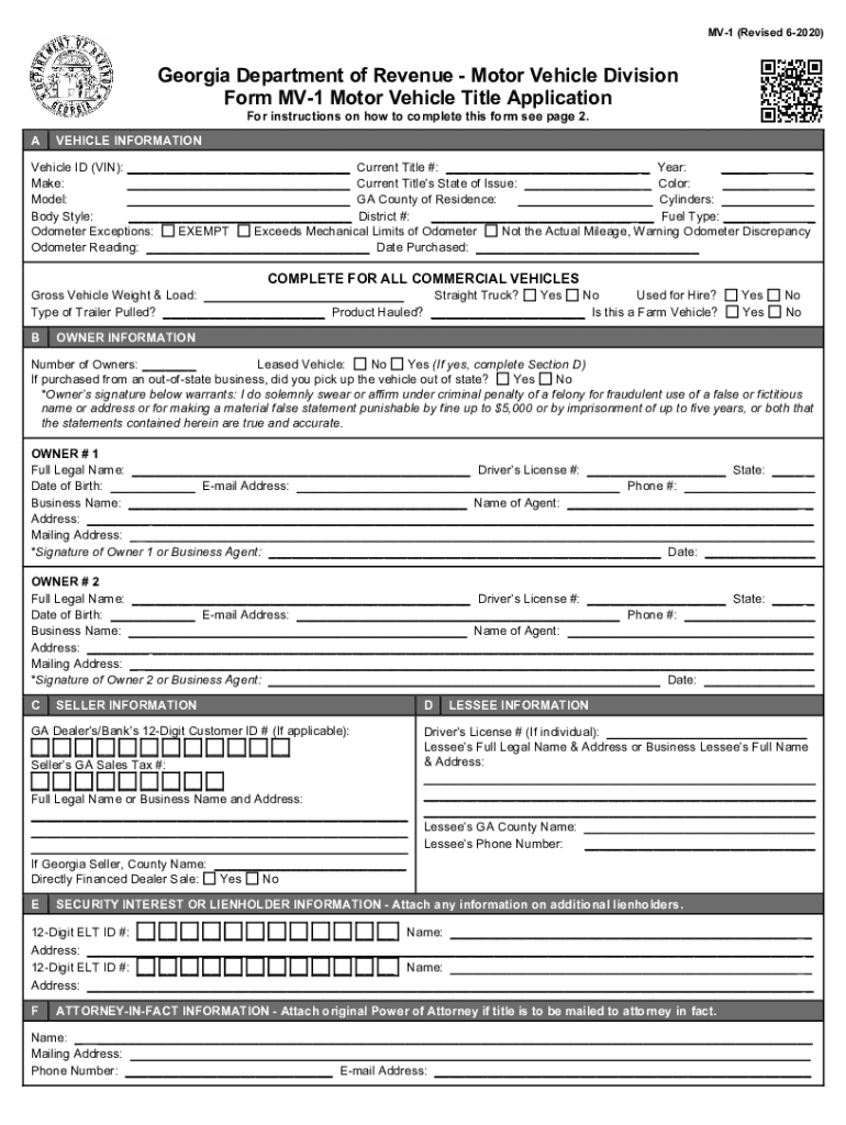2020 2025 Form GA MV 1 Fill Online Printable Fillable Blank 