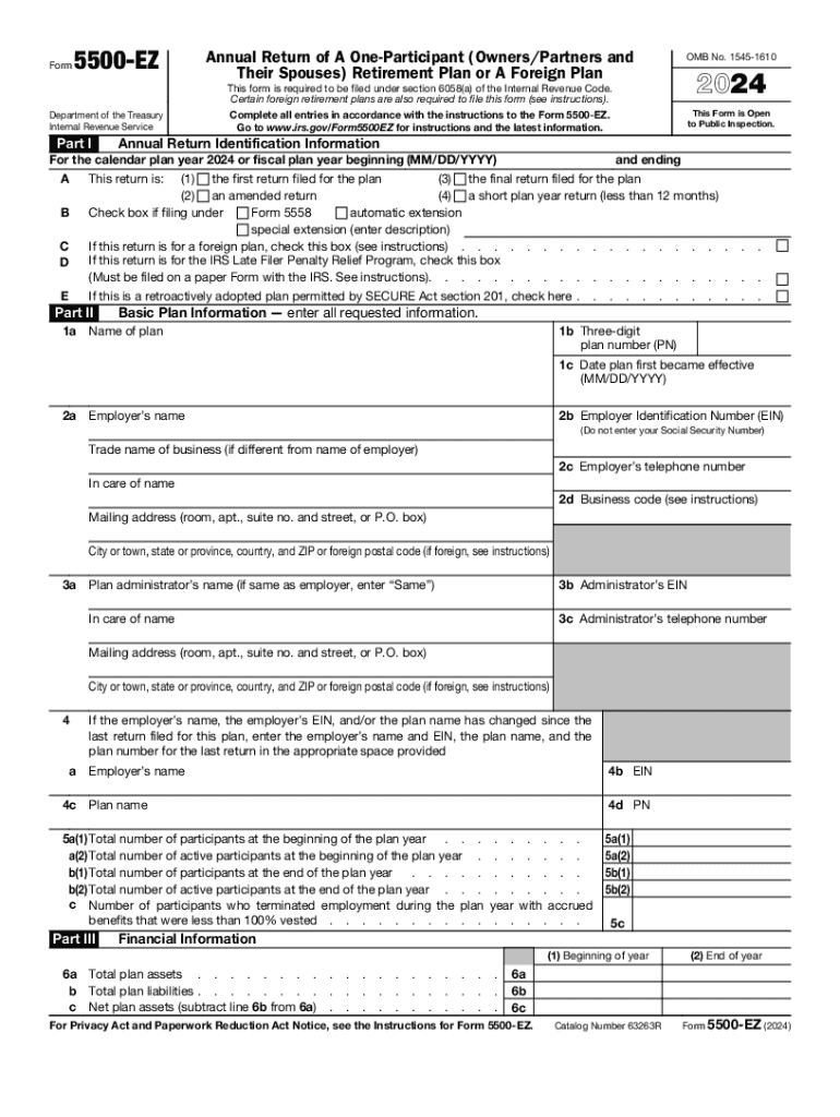 2024 Form IRS 5500 EZ Fill Online Printable Fillable Blank 