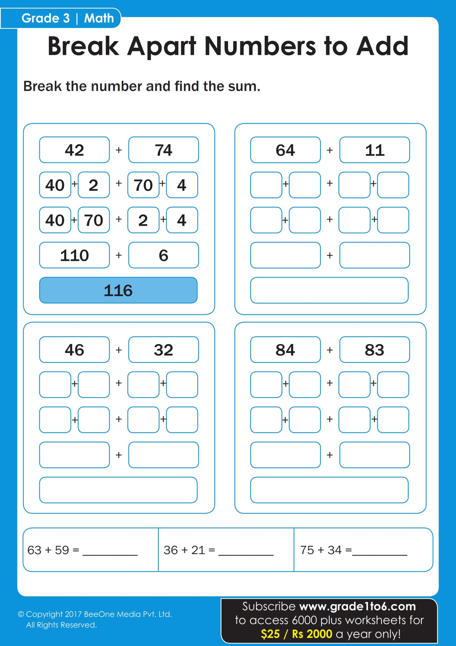 3rd Grade Math Worksheet Of Addition Grade1to6