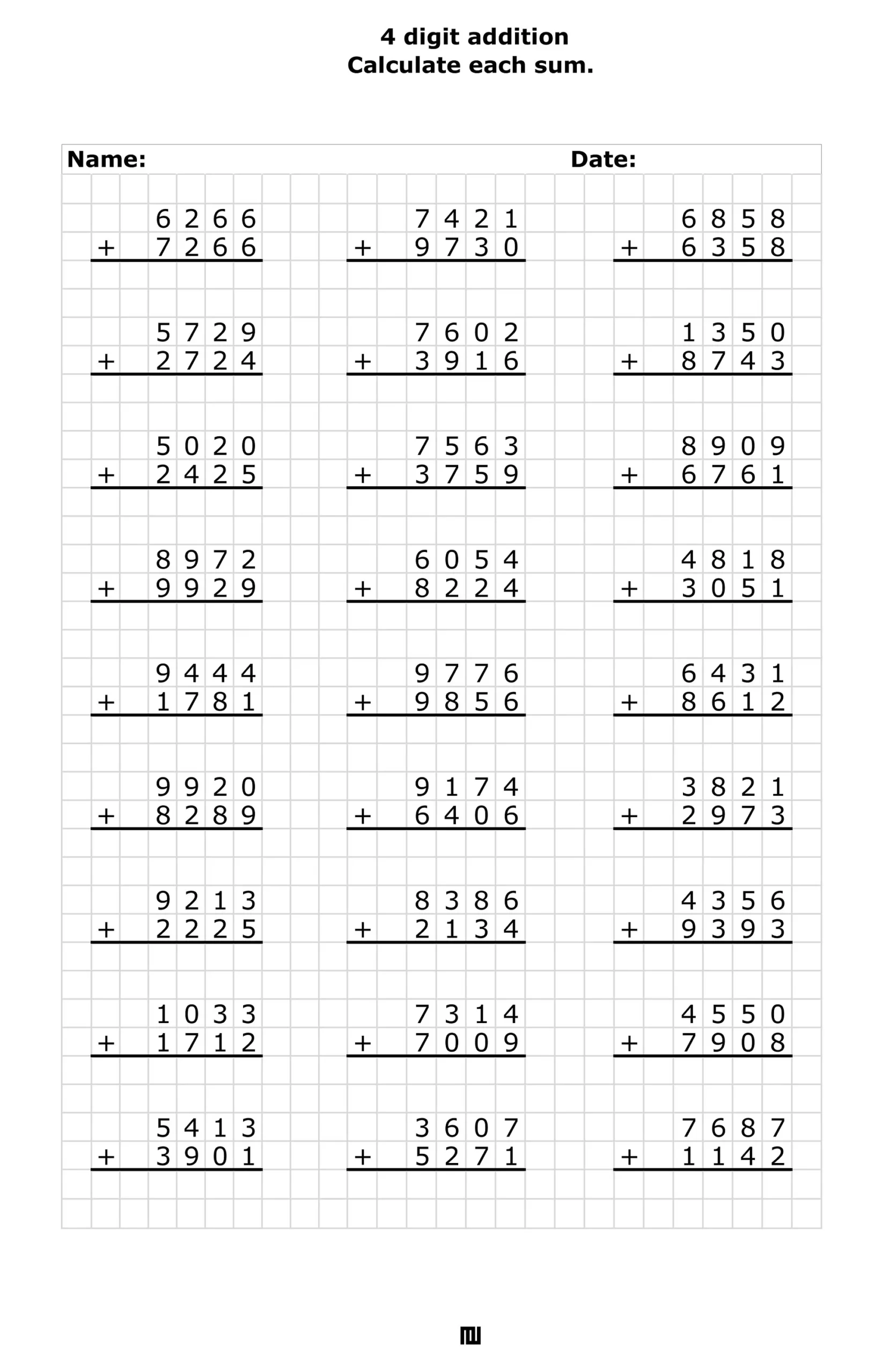 4 digit Addition Worksheets 3rd 4th Grade Math PDF Download Etsy