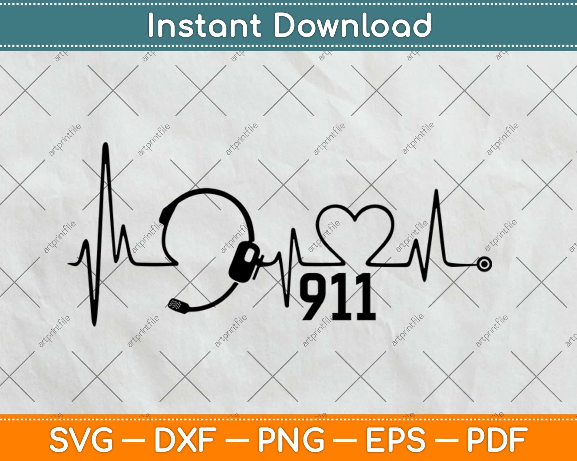 911 Dispatcher Heartbeat Headset Svg Design Digital Cut File Instant Download