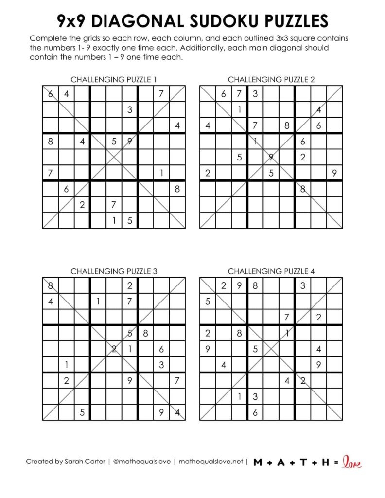 9x9 Diagonal Sudoku Puzzles Math Love