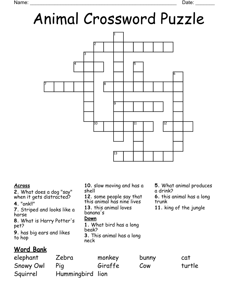 Animal Printable Crossword Puzzles For Kids