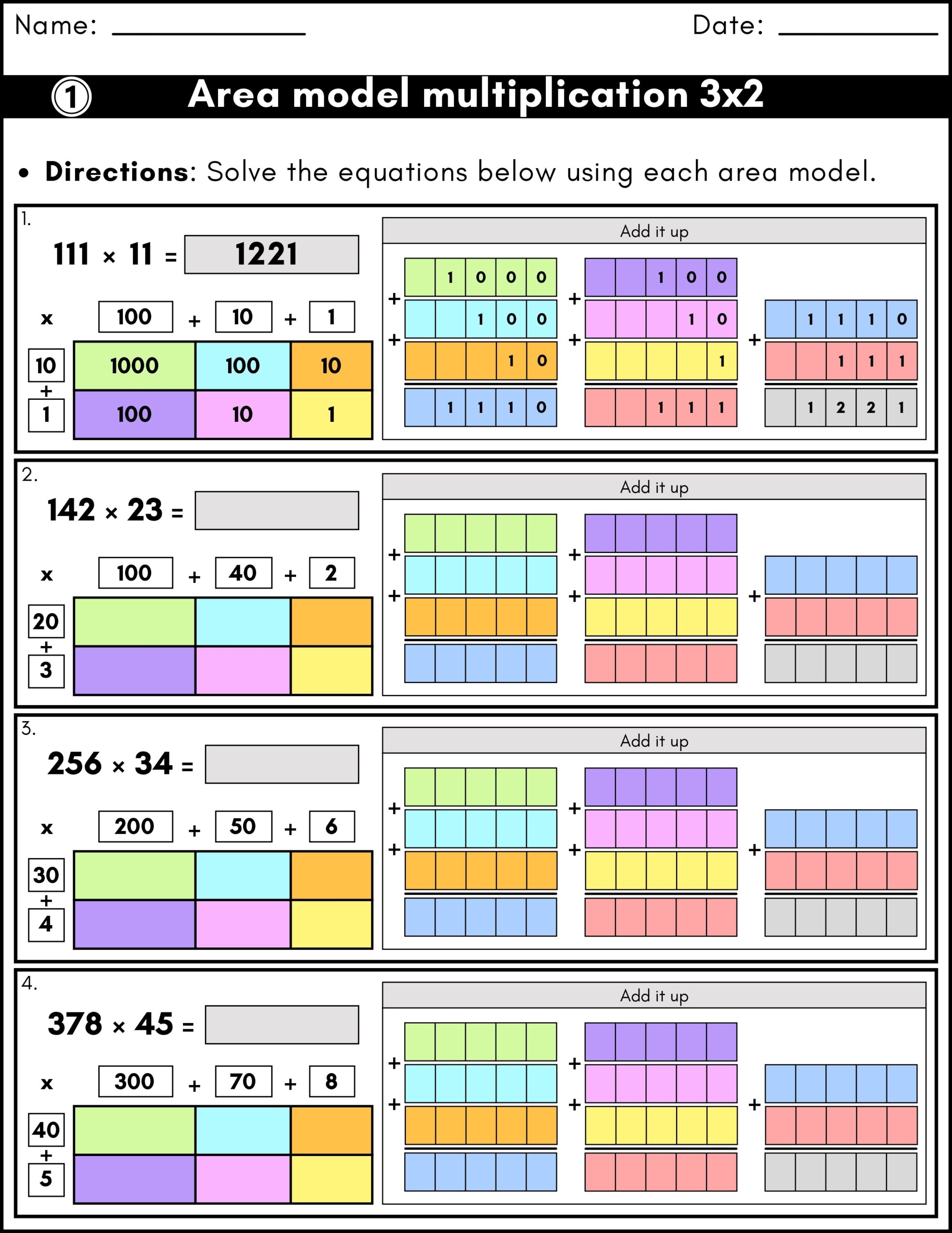 Area Model Multiplication 3 Digit By 2 Digit Worksheets Box Method 