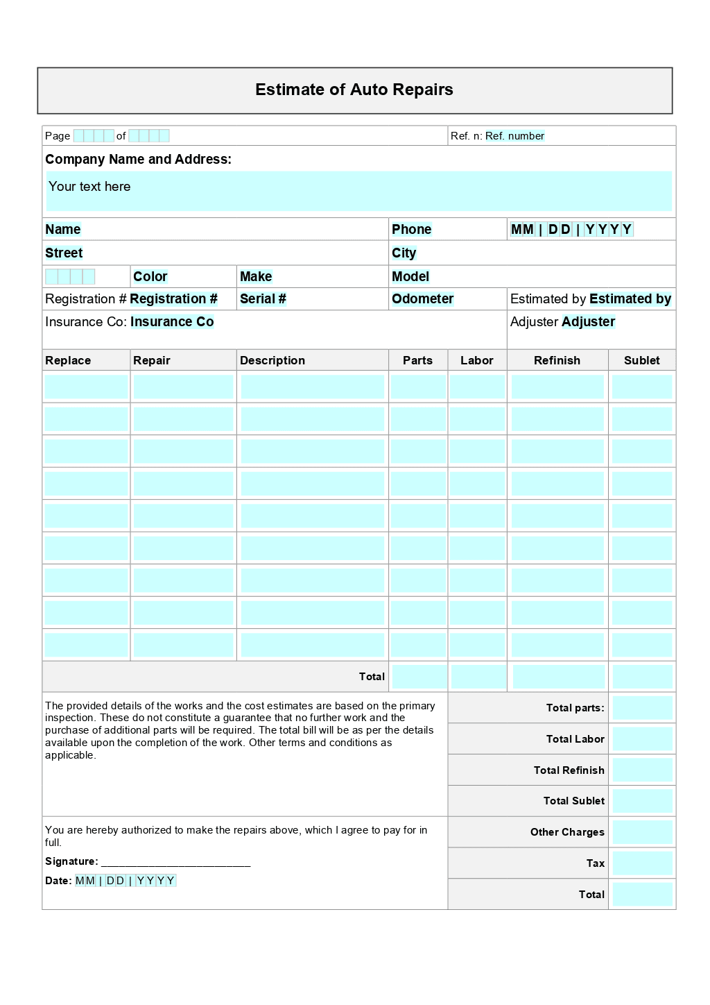 Auto Repair Estimate Template ONLYOFFICE ONLYOFFICE