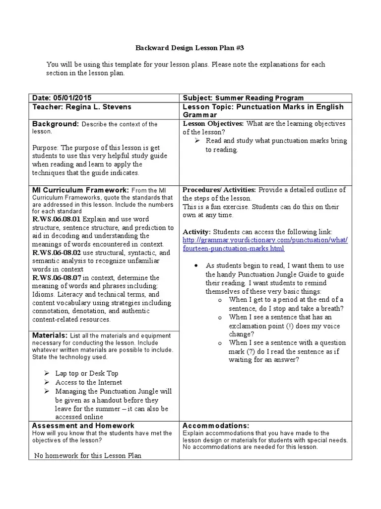 Backward Design For Punctuation Lesson PDF Lesson Plan Cognition