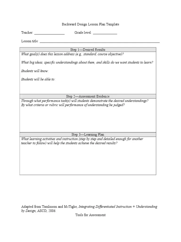 Backward Design Lesson Plan Template Doc