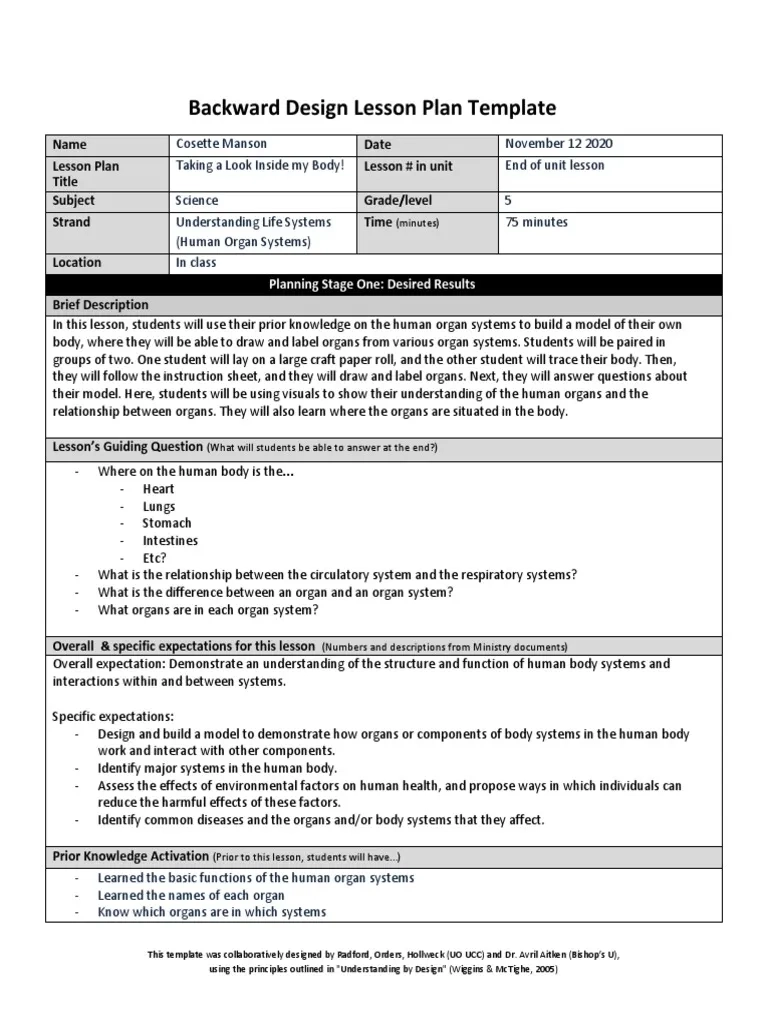 Backward Design Lesson Plan Template PDF Organ Anatomy 