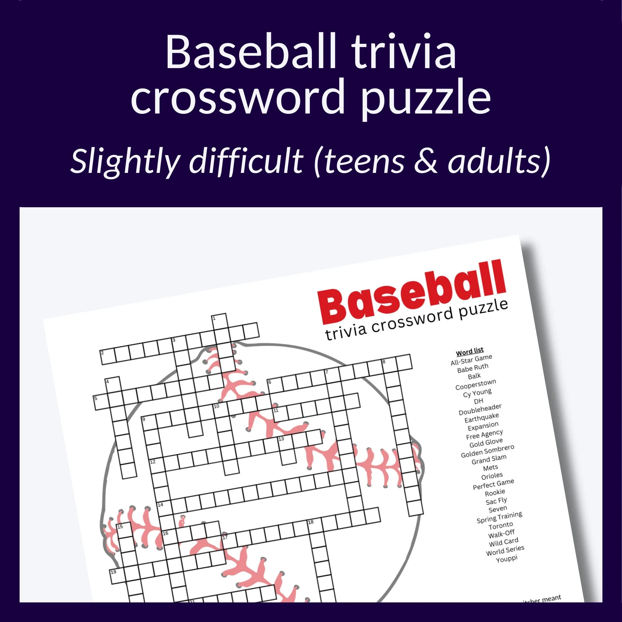 Baseball Trivia Crossword Puzzle For Parties Picnics Parties 