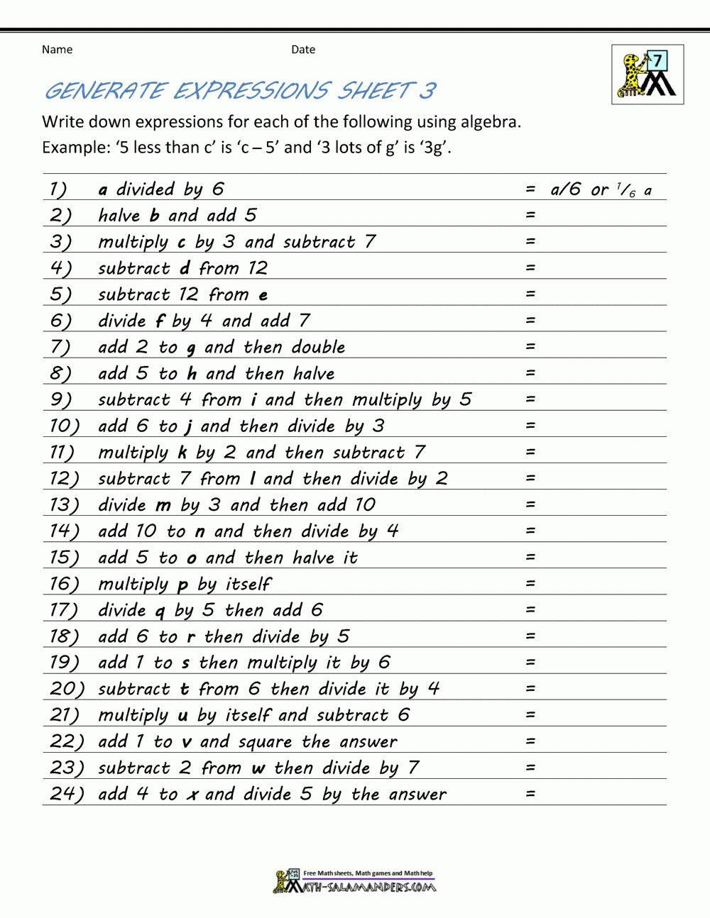 Free Printable Algebra Worksheets High School