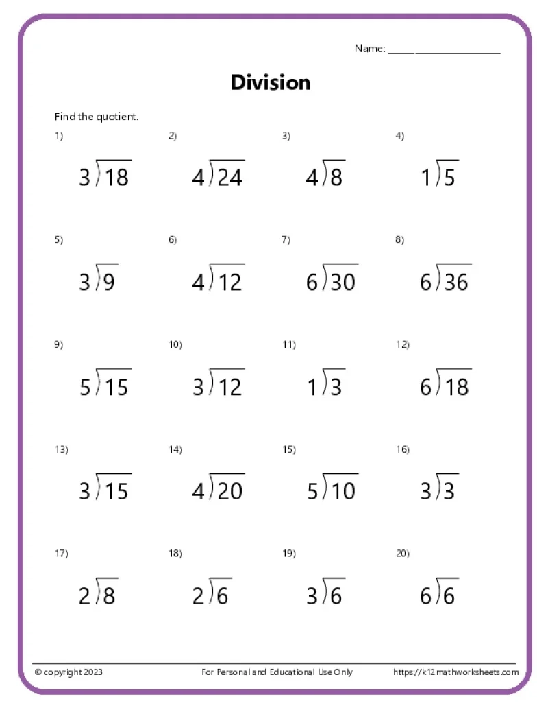 Math Worksheets Printable Division