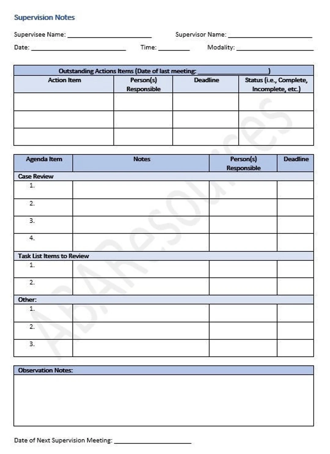 BCBA Supervision Notes Template Digital Word Download 