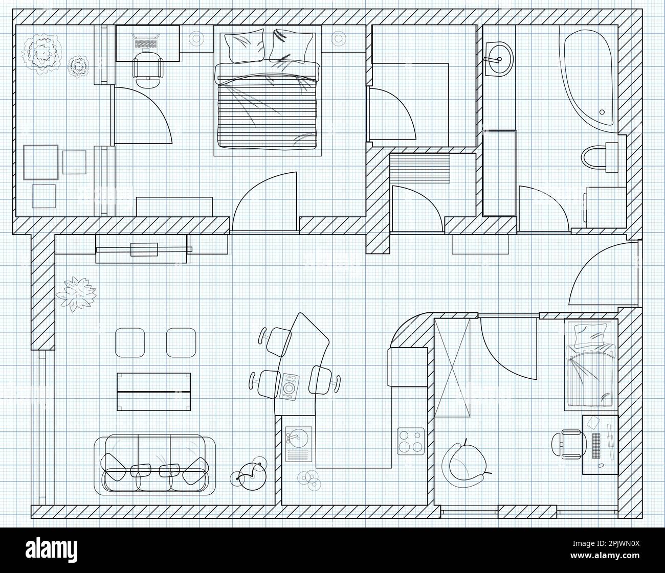 Black And White Floor Plan Sketch Of A House On Millimeter Paper 