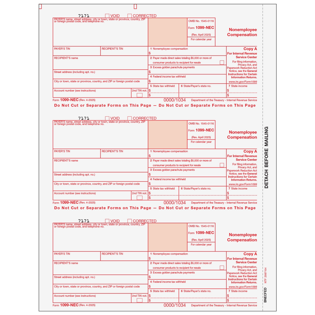 BNECFED05 1099 NEC Non Employee Compensation Copy A Federal 