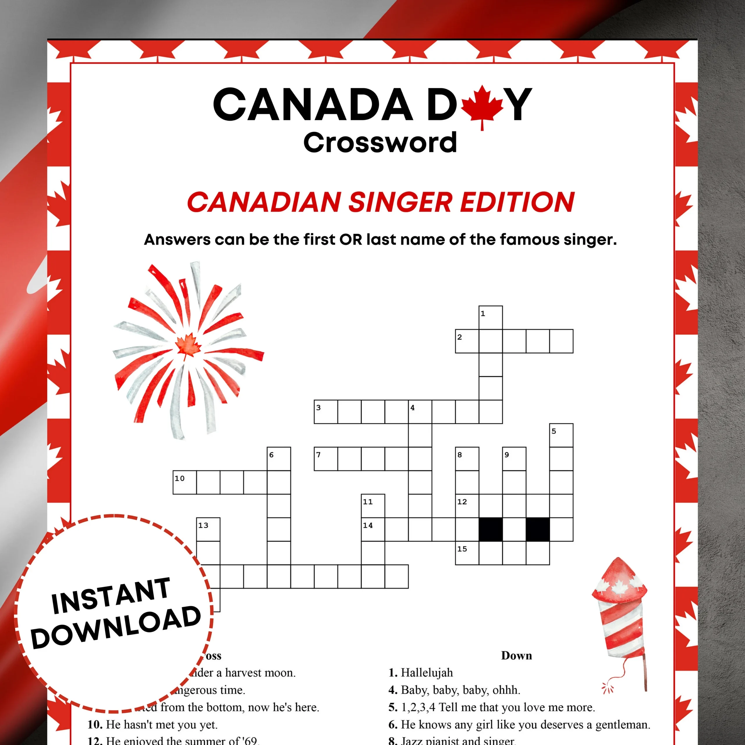 Canada Day Crossword Puzzle Printable Game Singer Crossword 