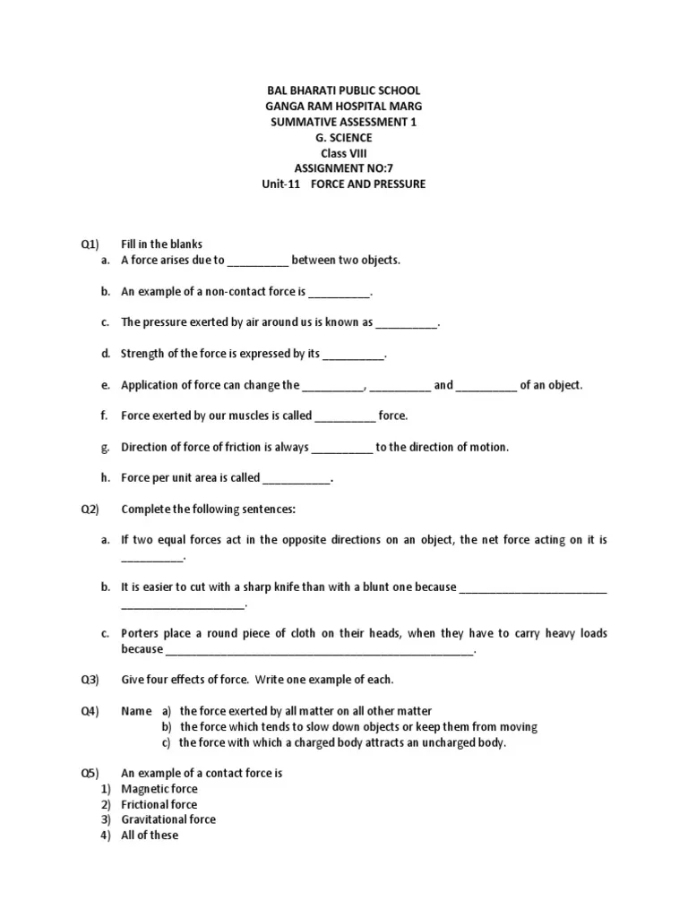 CBSE Class 8 Science Worksheet PDF Force Pressure