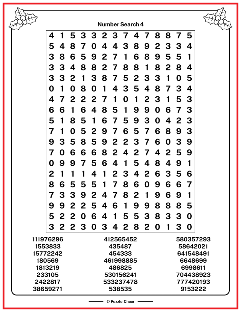 Christmas Number Search 4 From The Christmas Puzzle Book Puzzle 