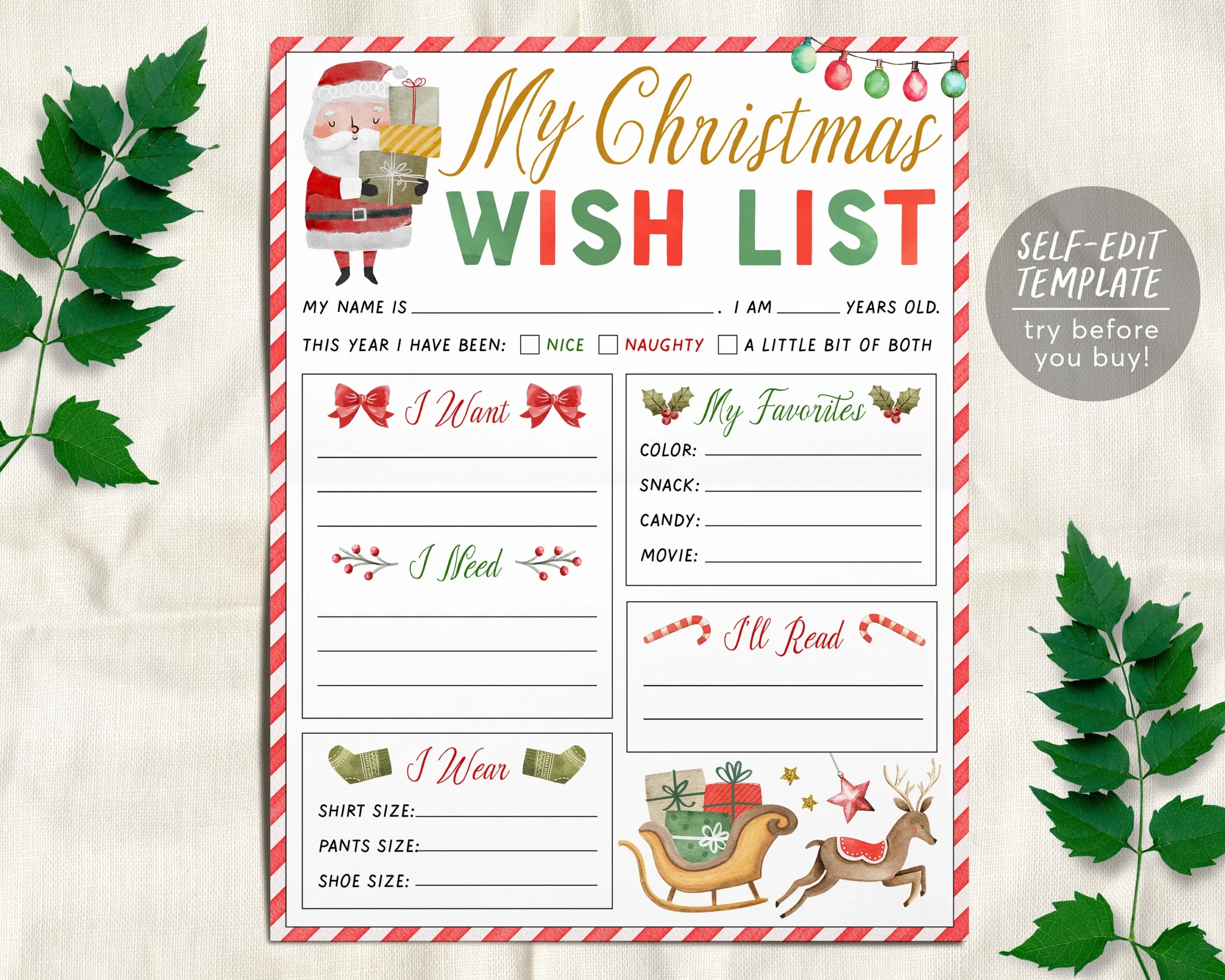 Christmas Wish List For Kids Editable Template Personalized Holiday Wishlist Printable Christmas Traditions Santa Claus Activity Template