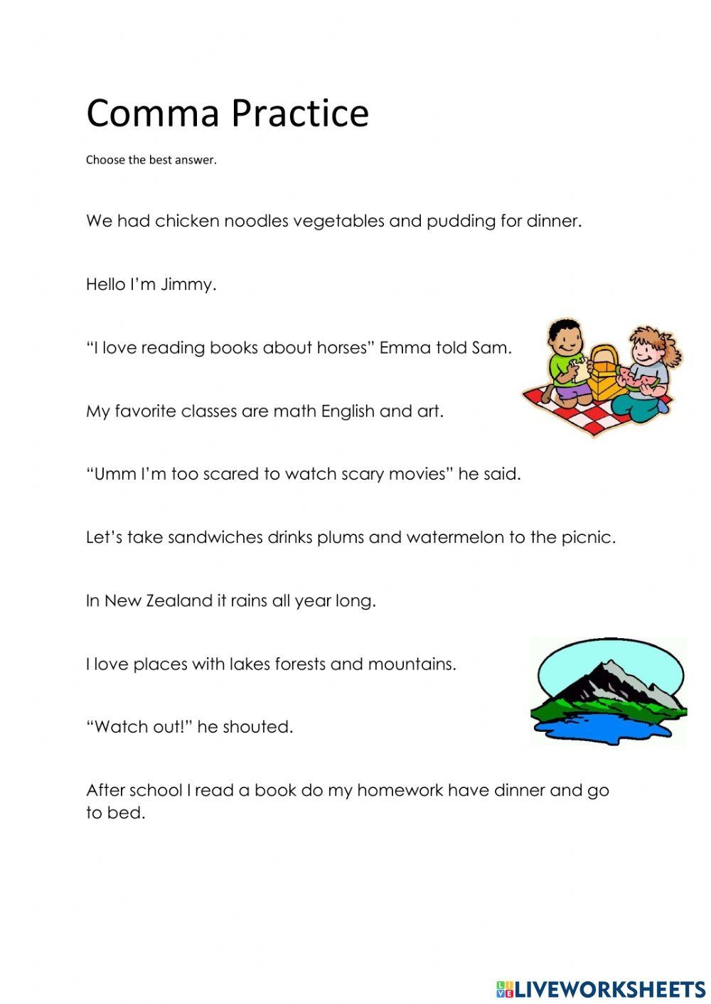 Comma Practice Worksheet Worksheets Library