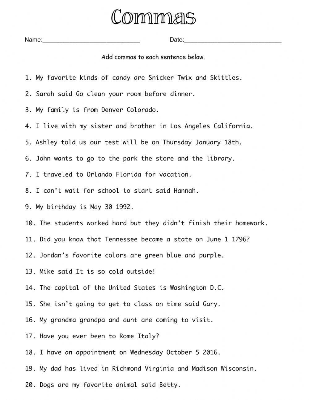 Commas Practice Free Interactive Worksheets 400270