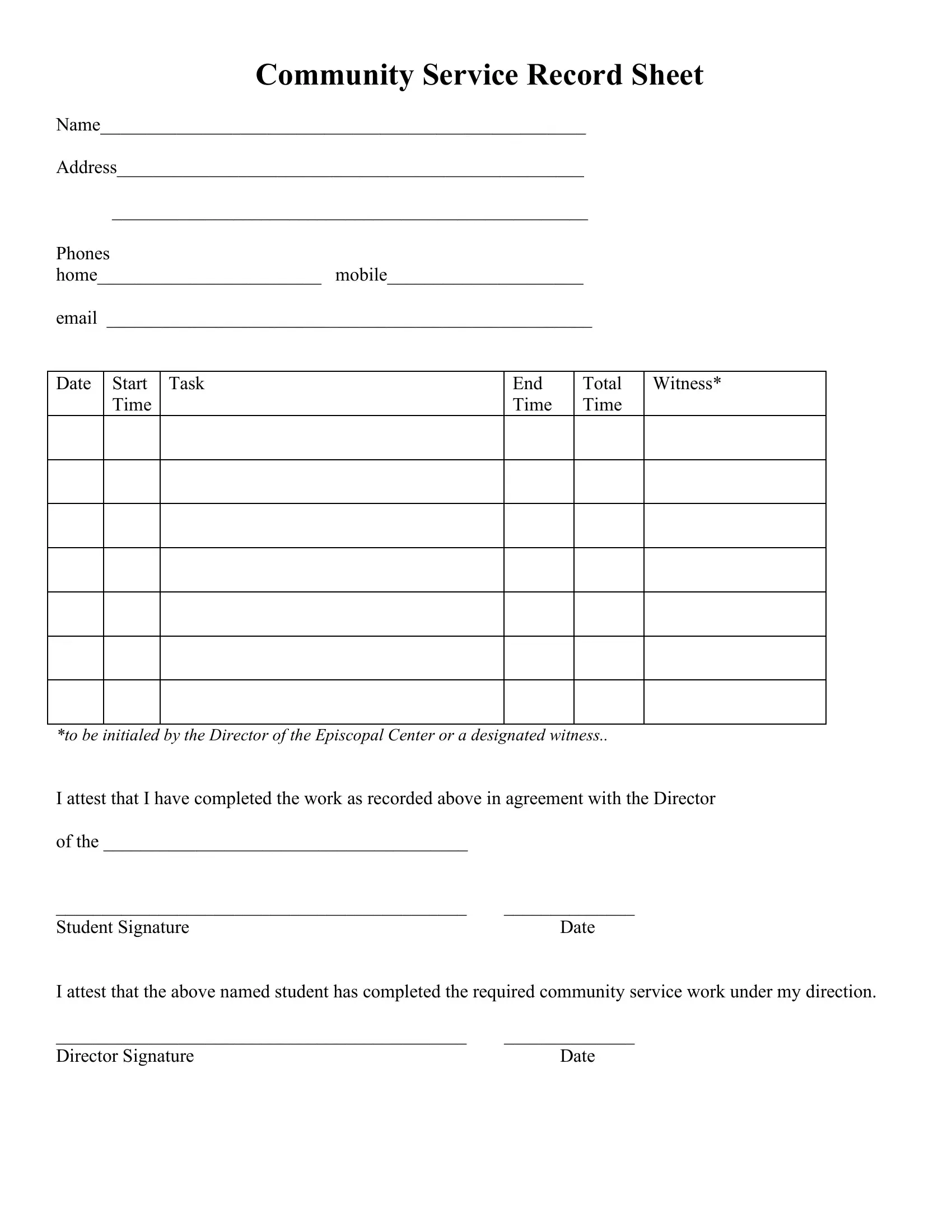 Community Service Sign In Sheet Printable