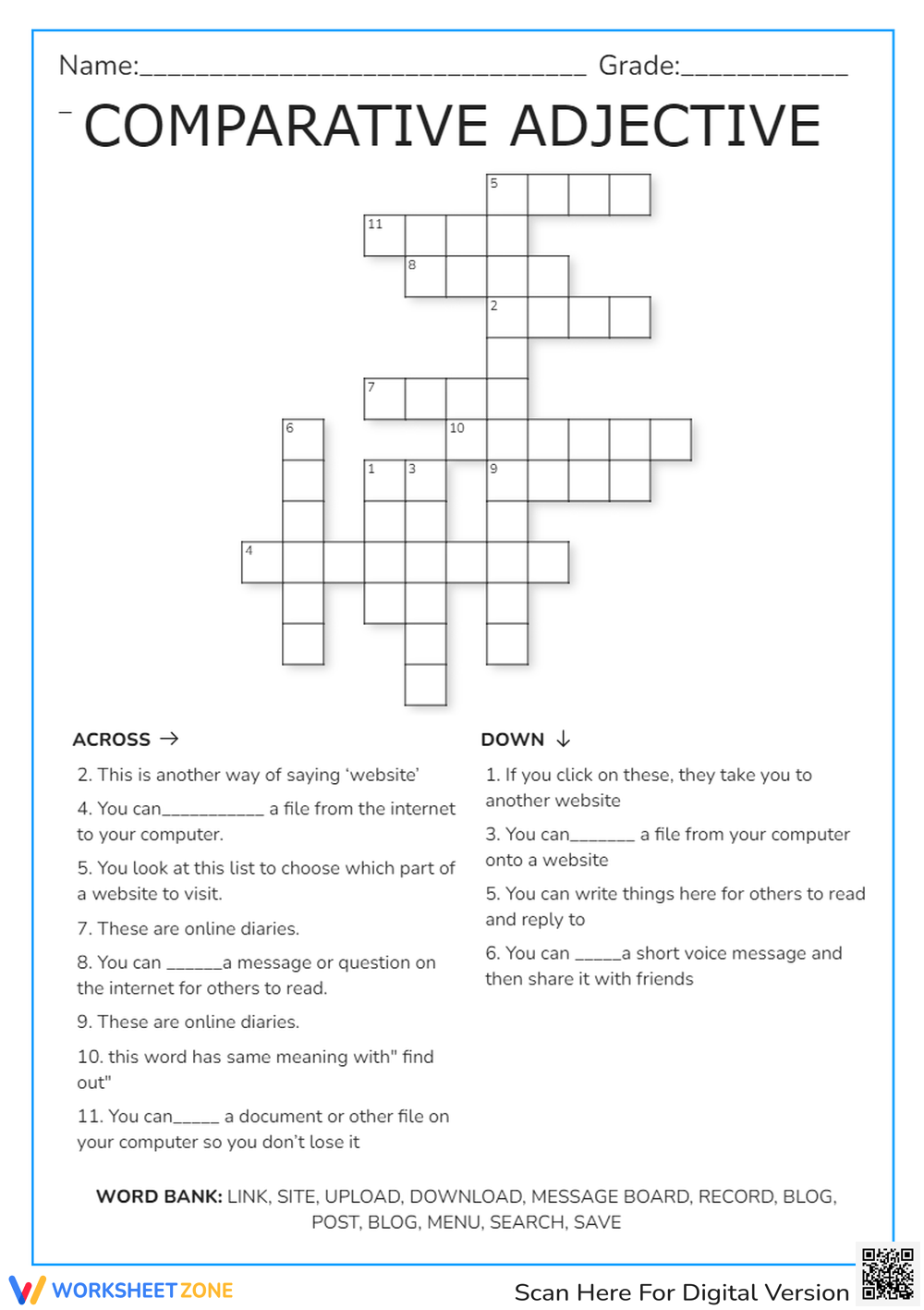 Comparative Adjective Crossword Puzzle Worksheet