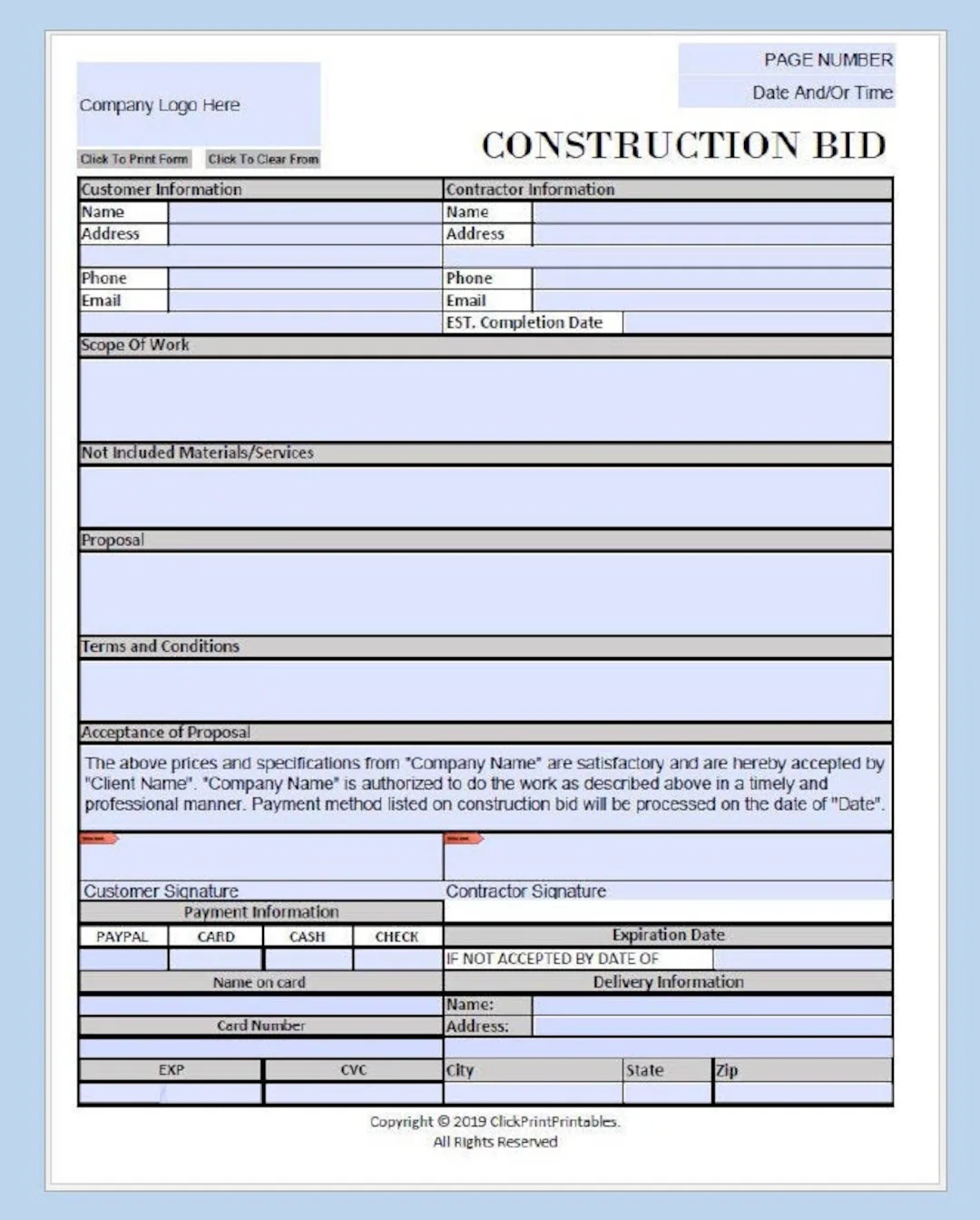Printable Construction Proposal Template