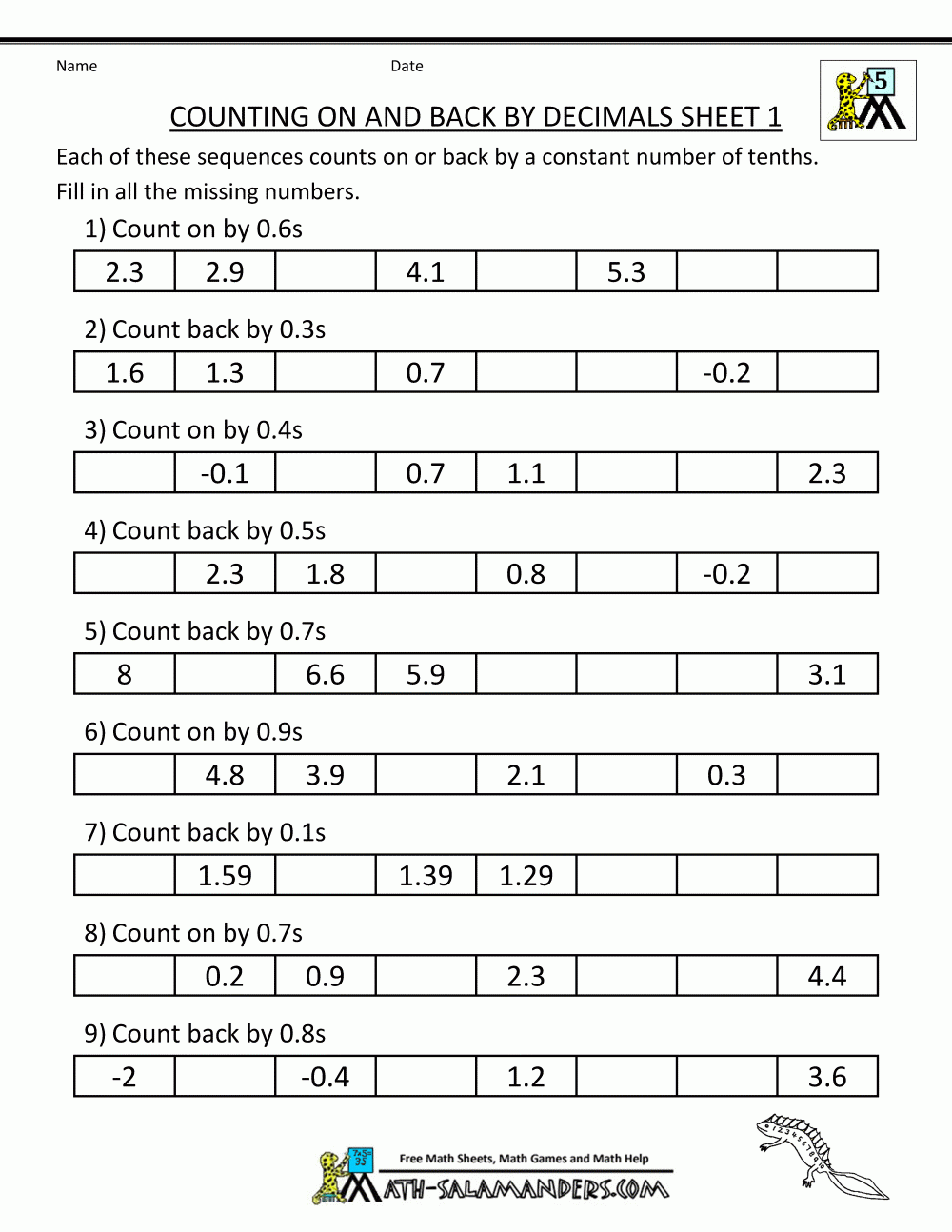 5th Grade Math Worksheets Printable Decimals