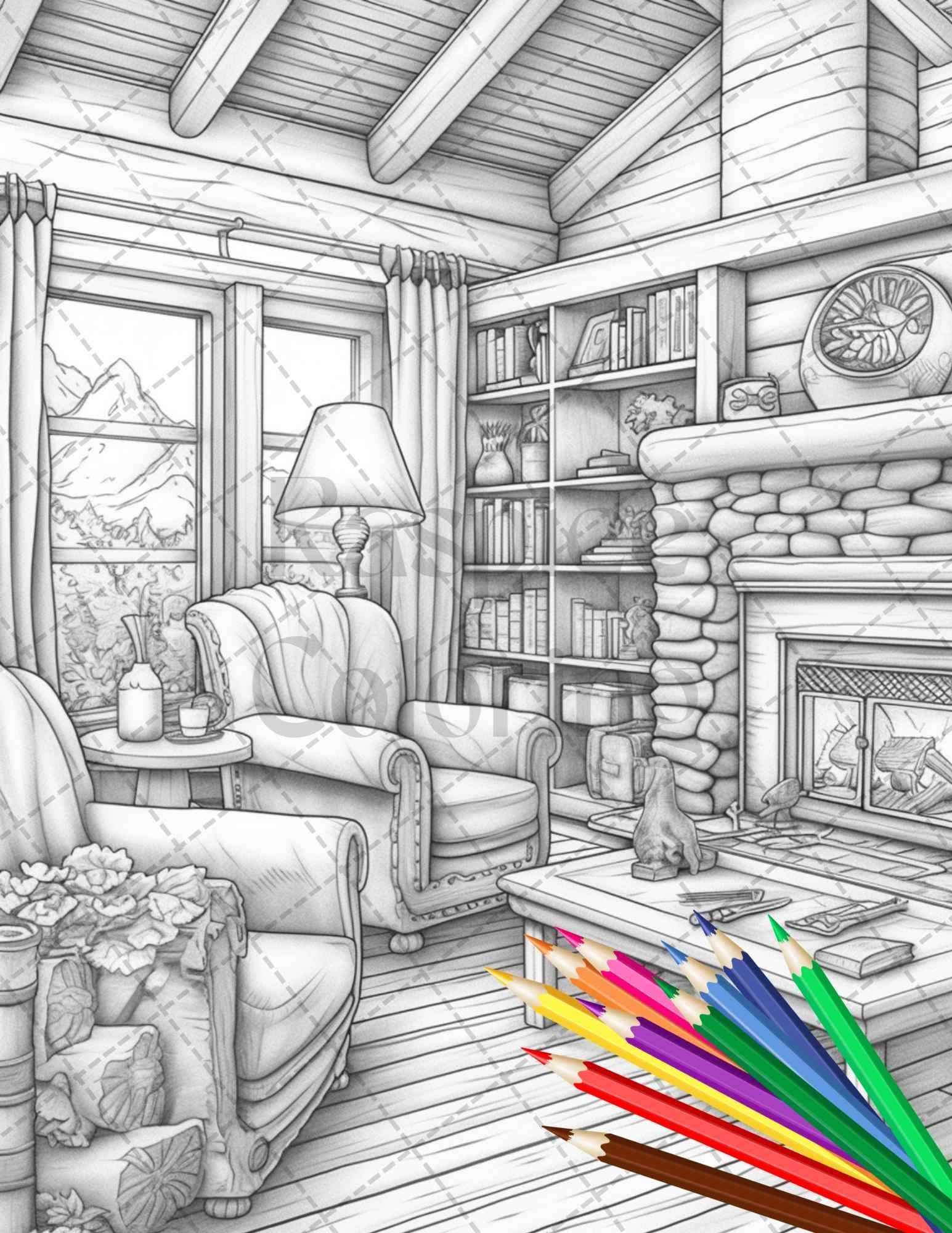 Cozy Cabin Interior Grayscale Coloring Pages Printable For Adults PDF File Instant Download