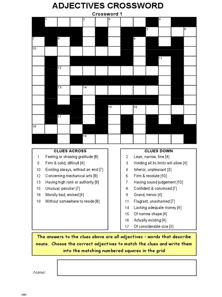 Adjective Crossword Puzzle Worksheet