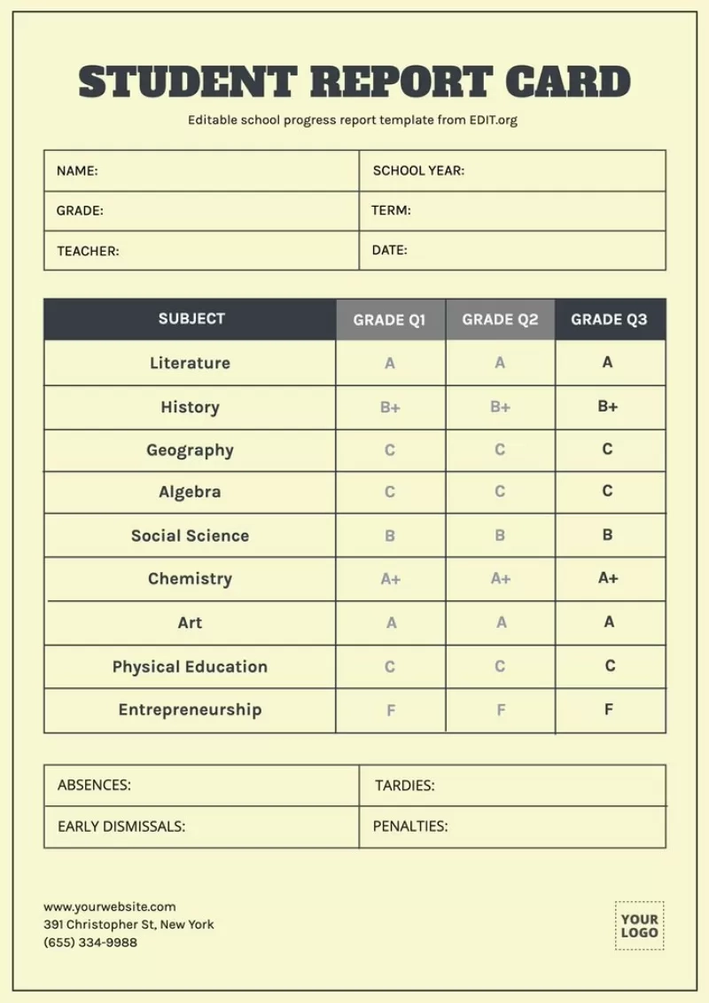 Printable Blank Report Card Template