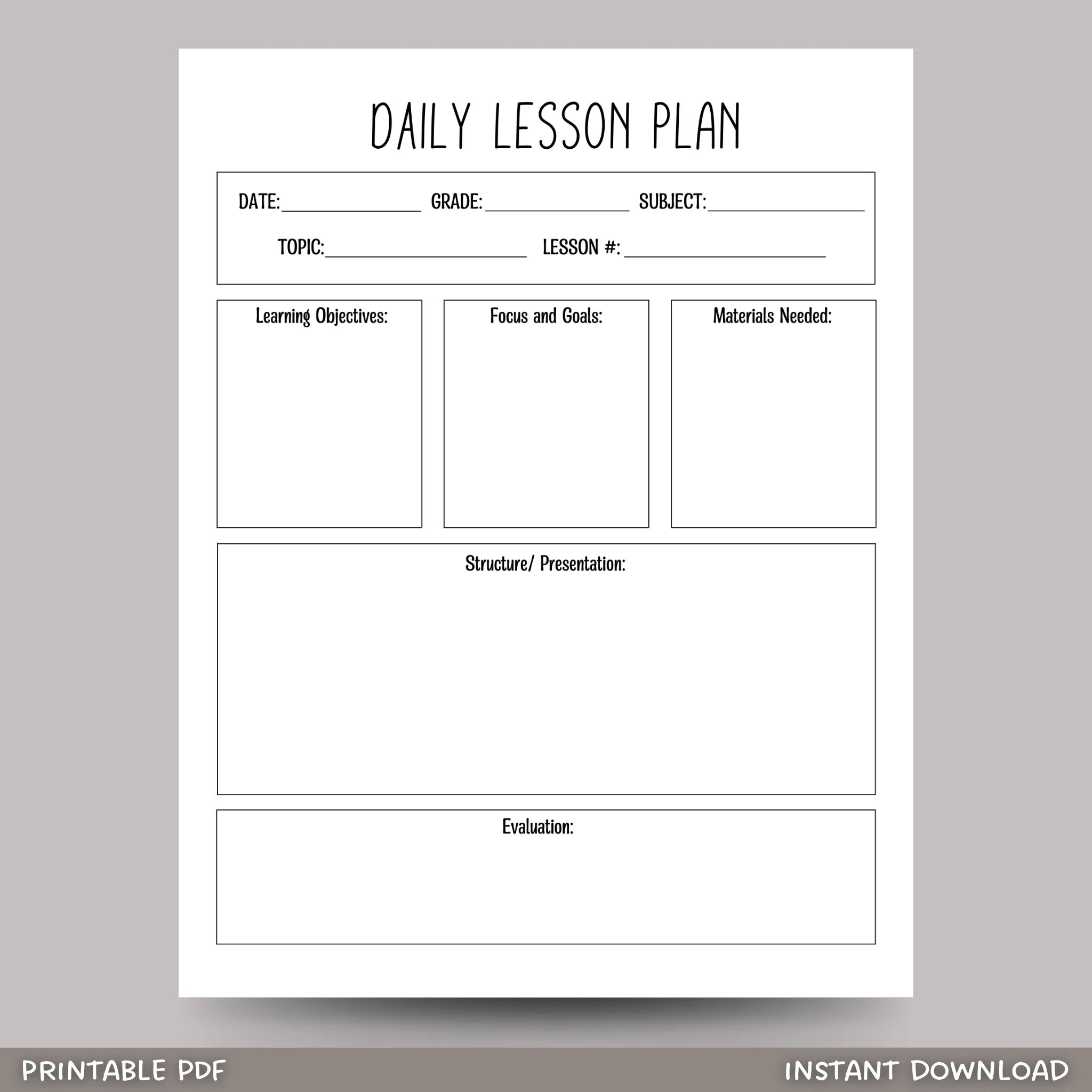 Daily Lesson Plan Template Printable Simple Minimalist Lesson 