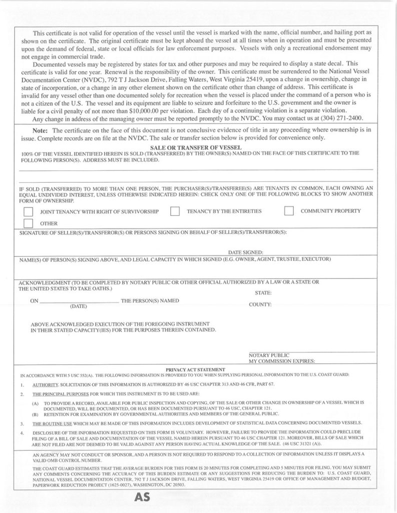Department Of Homeland Security US Coast Guard Bill Of Sale 