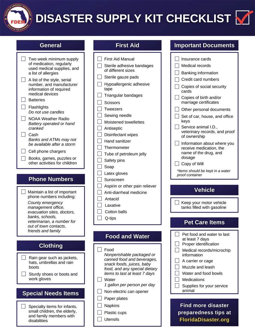 disaster supply kit checklist florida disaster