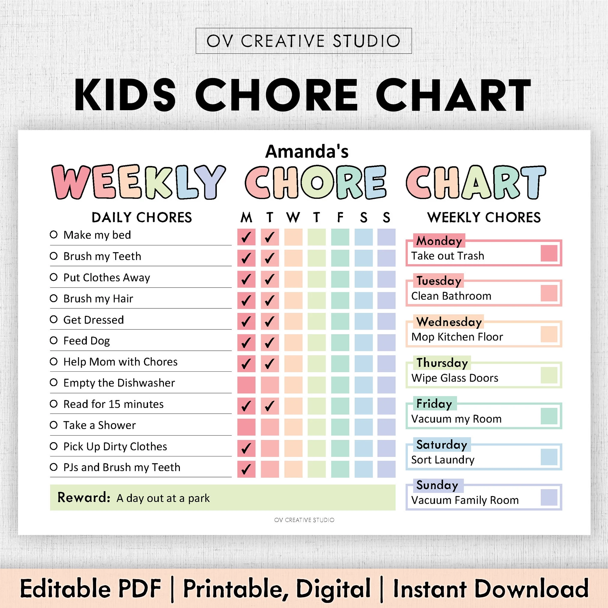 Editable Chore Chart For Kids Printable Kids Daily Weekly 