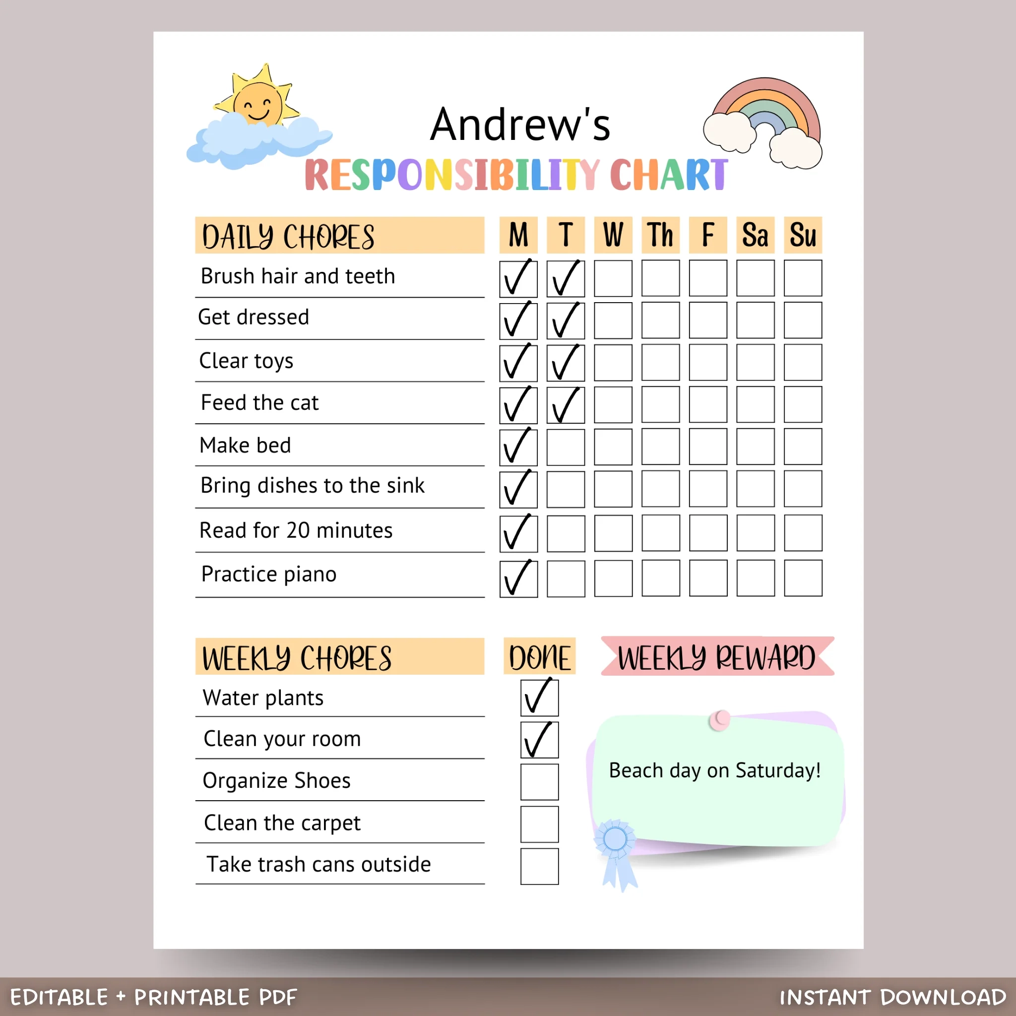 Editable Responsibility Chart For Kids Printable Chore Chart 