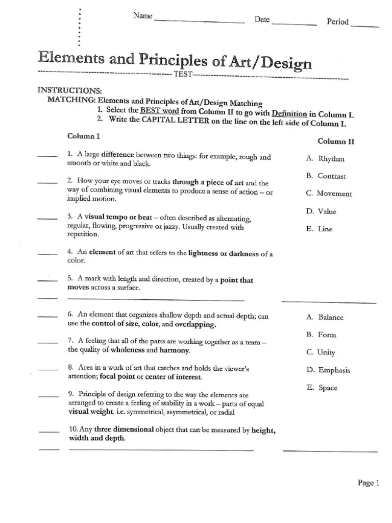 Elements And Principles Of Art Quiz Part 1 PDF
