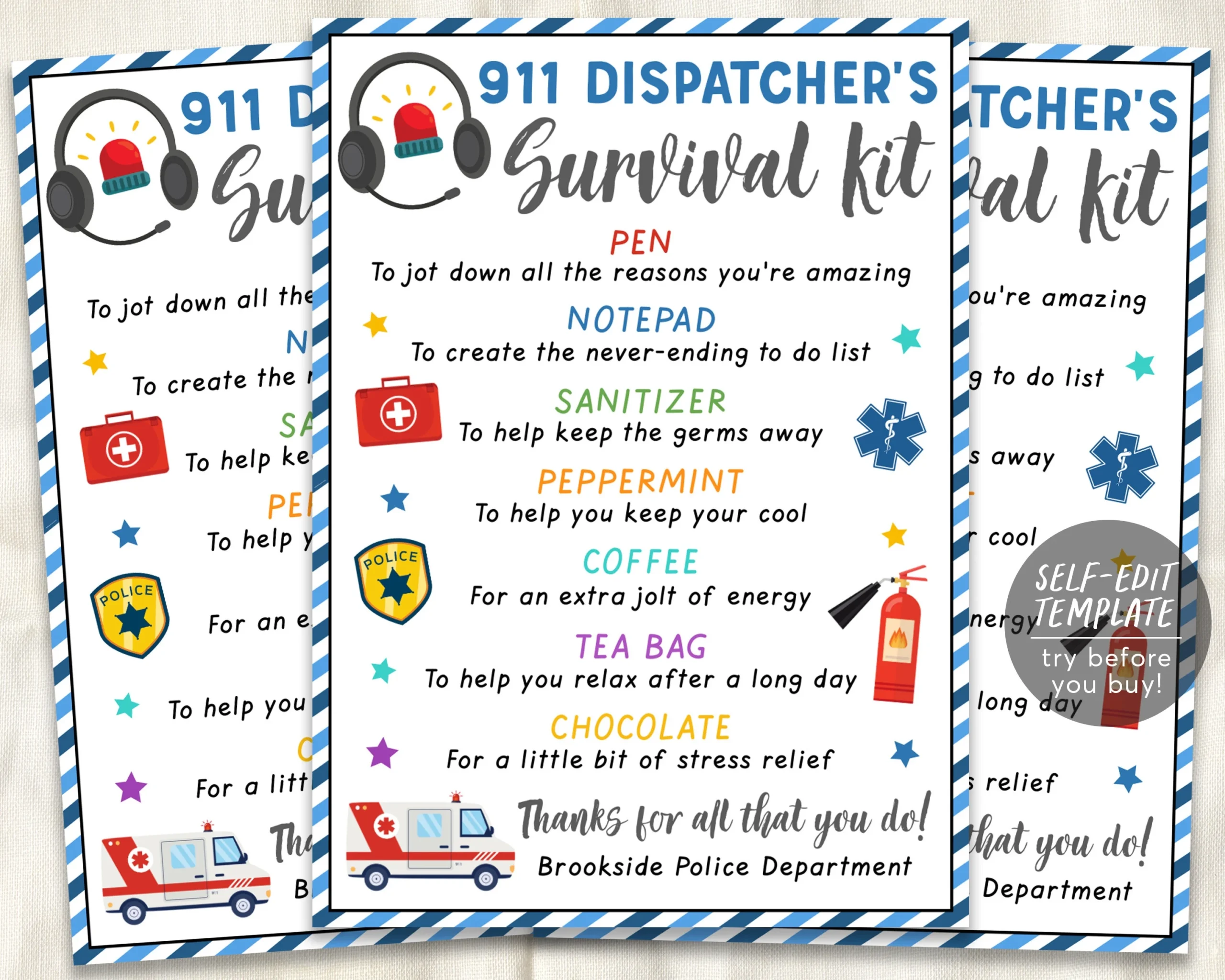 Emergency 911 Dispatcher Kit Gift Tags Editable Template First 