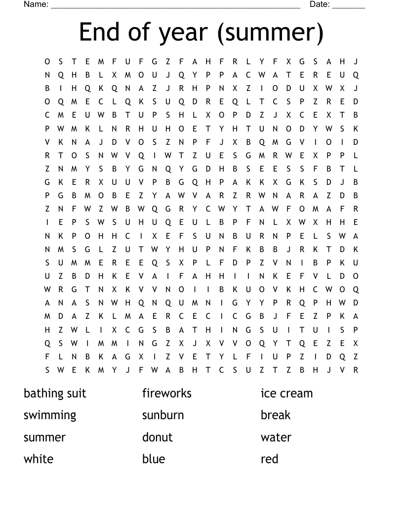 End Of Year summer Word Search WordMint