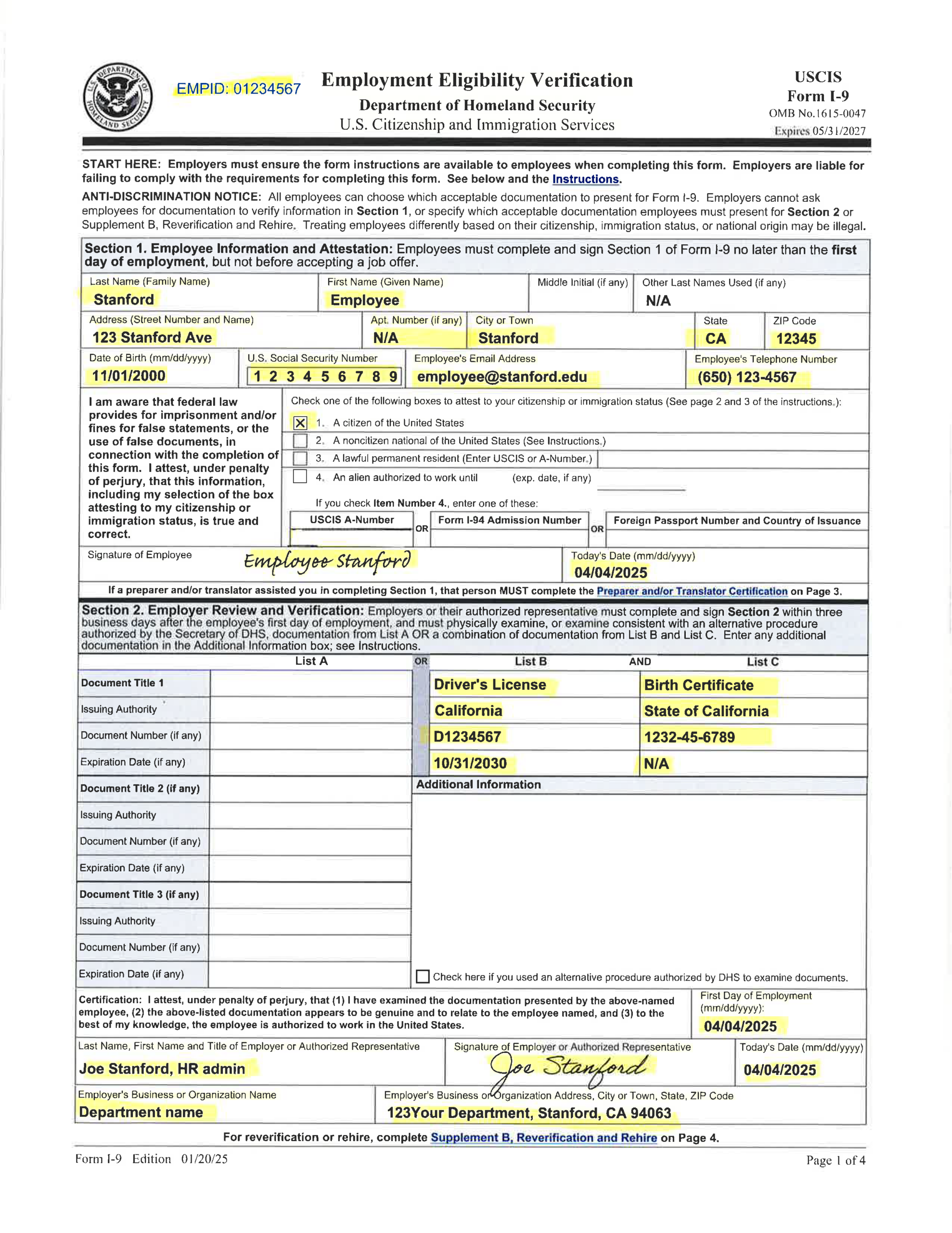 Examples Of Completed Form I 9 For Stanford