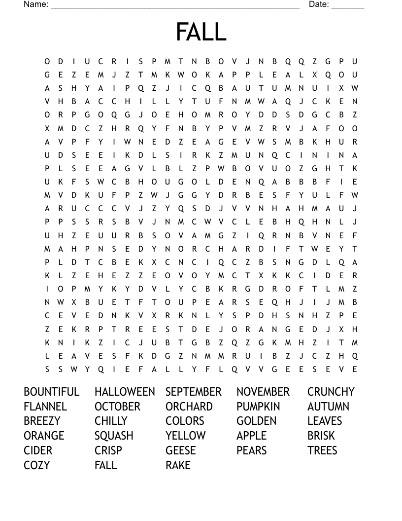 Autumn Word Find Printable