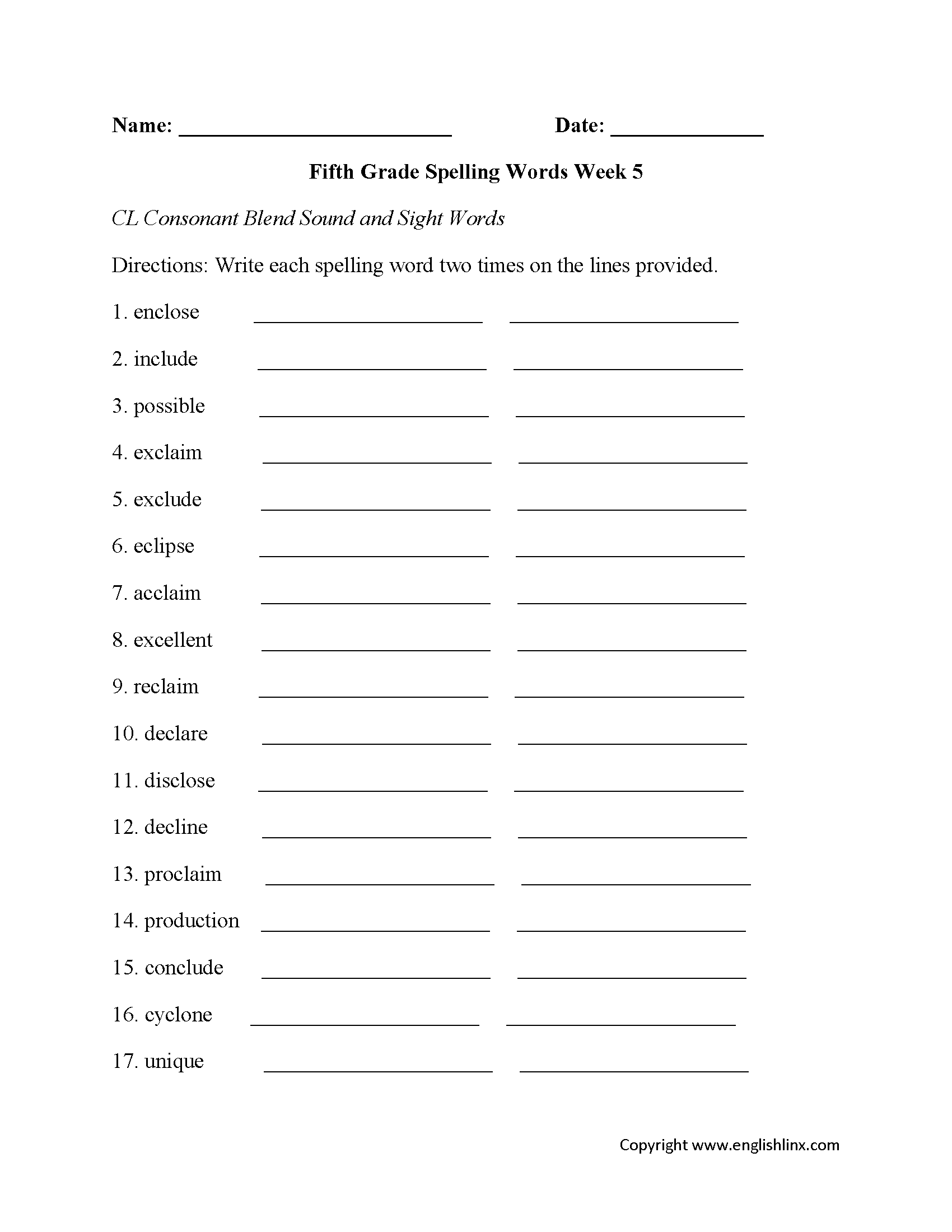 Fifth Grade Spelling Worksheets Printable Word Lists amp Weekly 