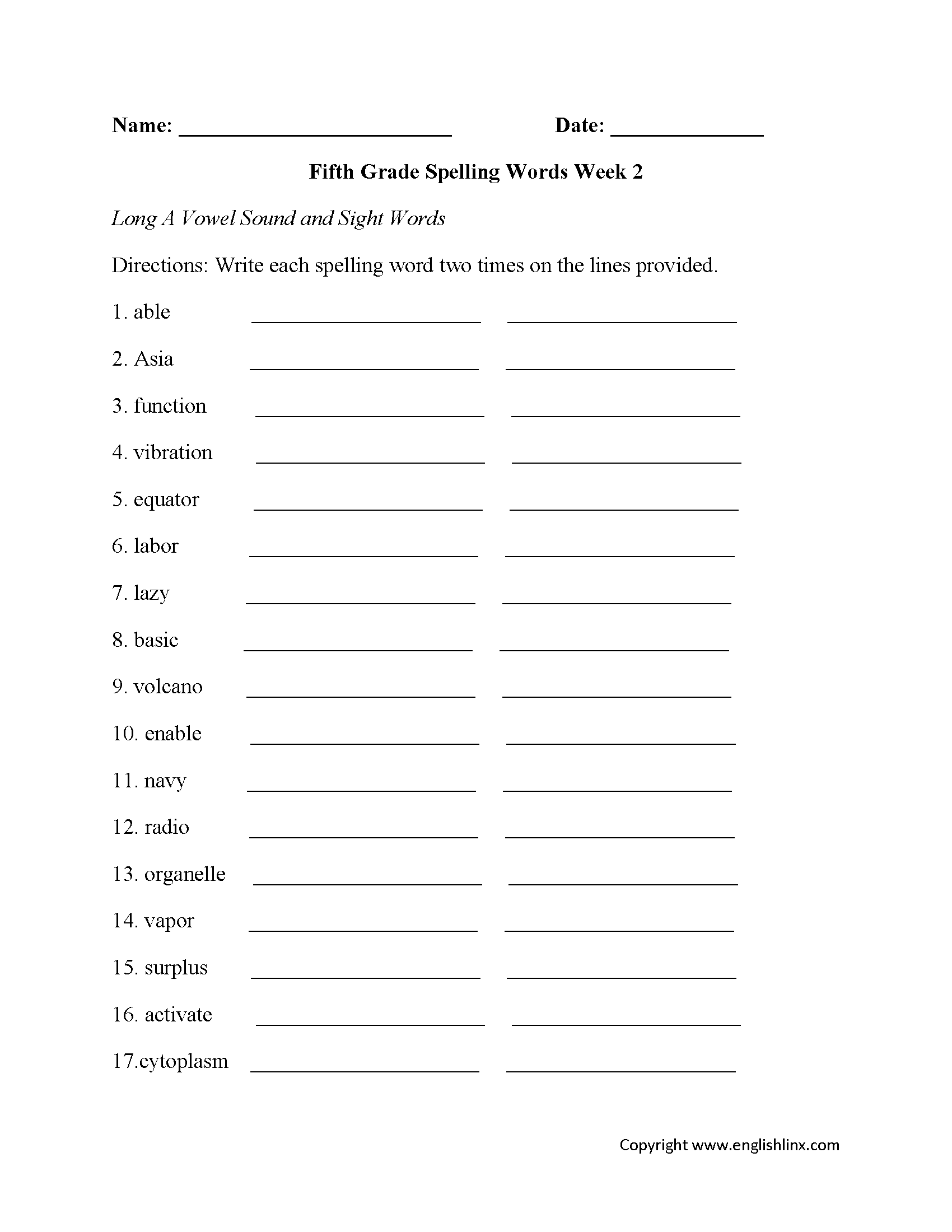 Fifth Grade Spelling Worksheets Printable Word Lists amp Weekly 