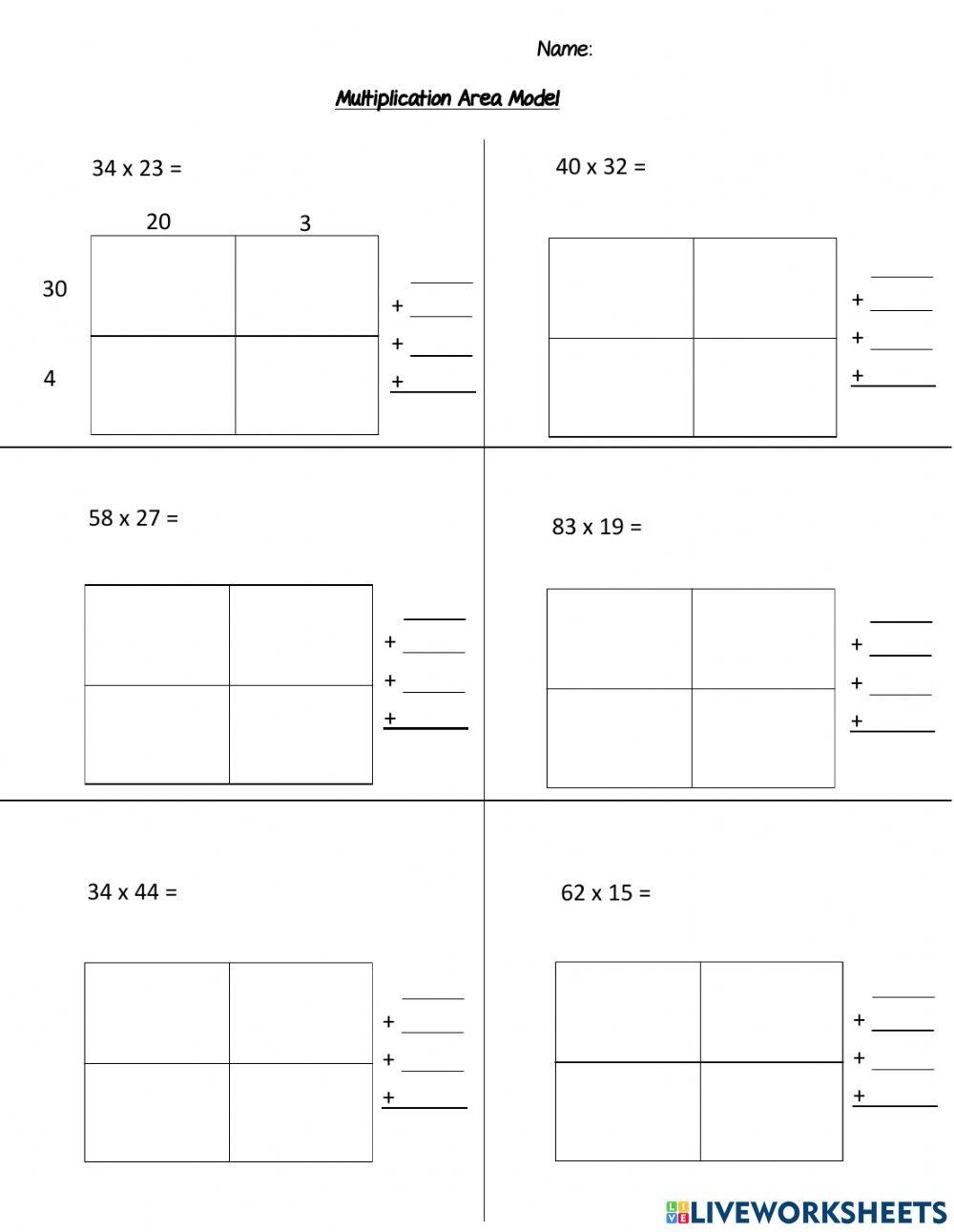 Fill The Area Model Of Multiplication Math Worksheets 