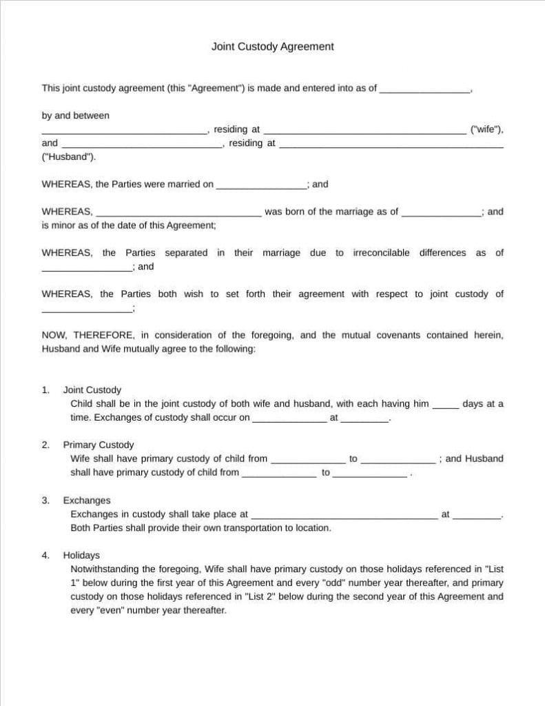 Fill This Free Joint Custody Agreement Template For Parents