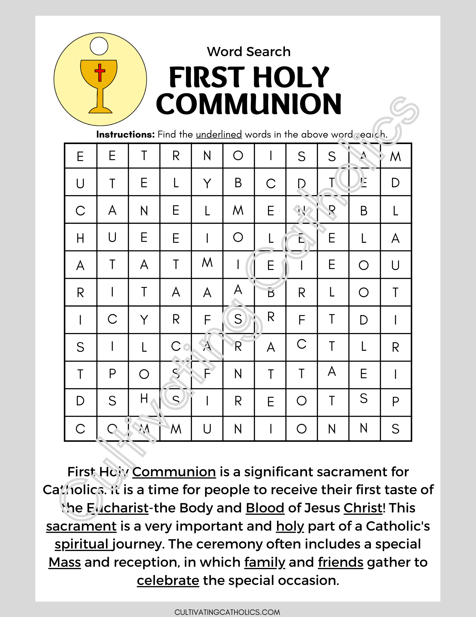 Catholic First Communion Worksheets Free