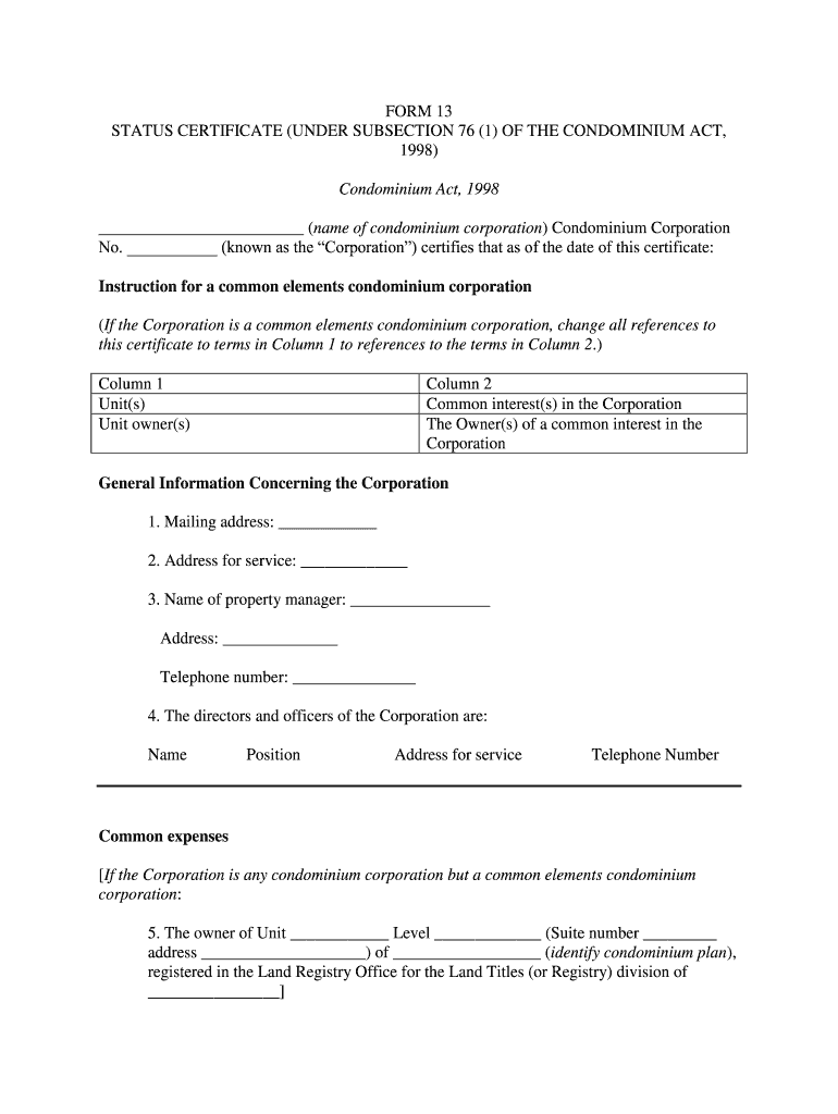 Form 13 Status Certificate Fill Online Printable Fillable 