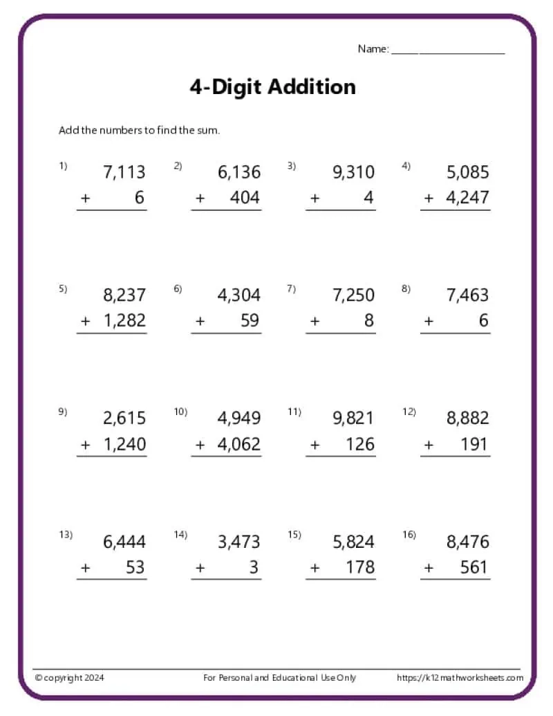 Four Digit Addition Worksheets